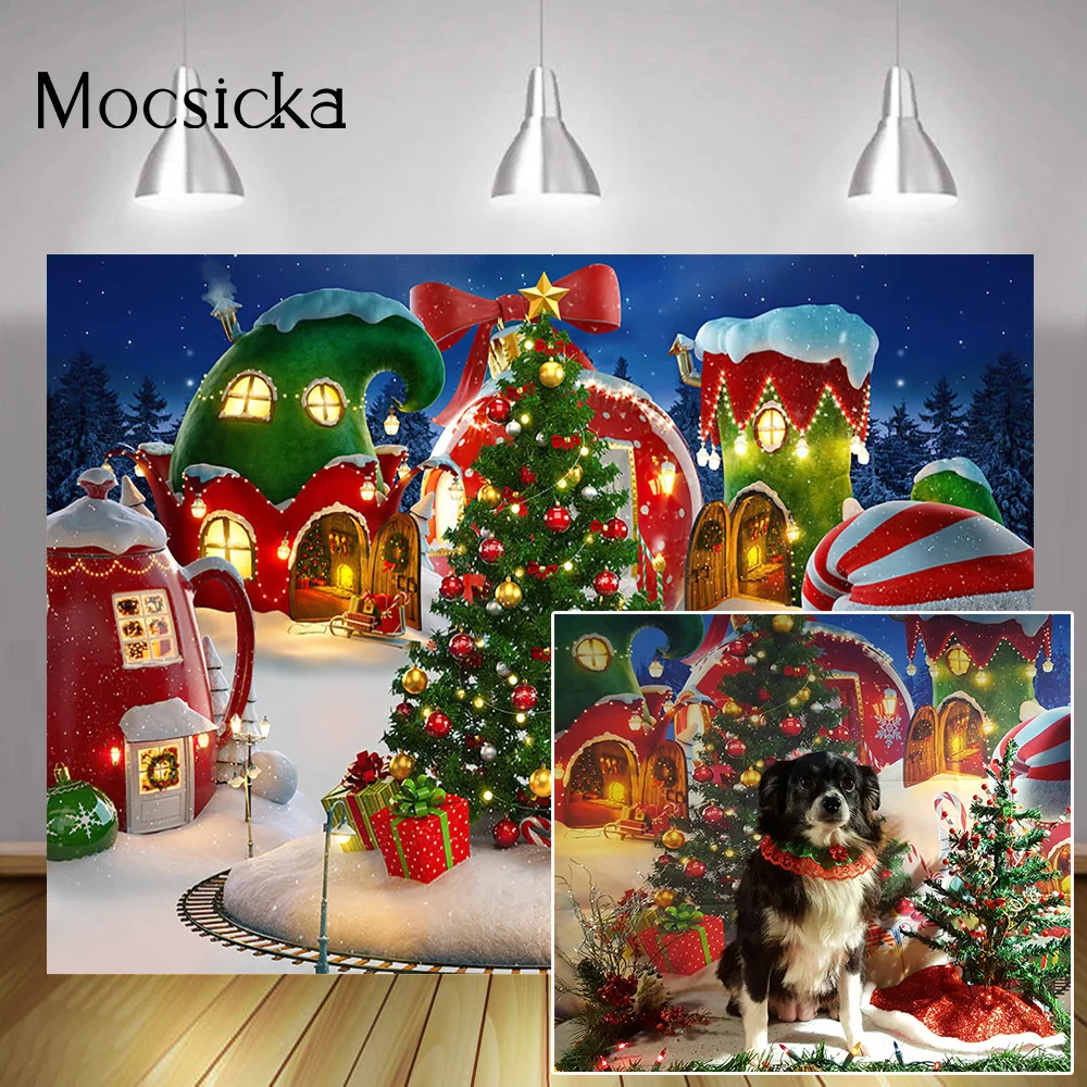 Cartoon Christmas Village Photography Backdrop Fairy Tale Birthday Portrait Photo Background Gifts Xmas Trees Winter Snow Field