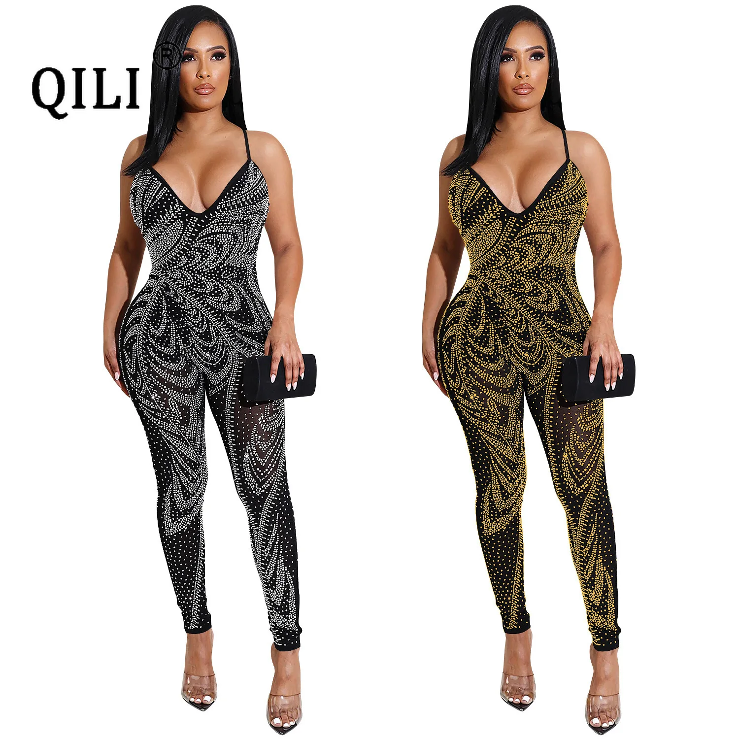 

QILI-Sleeveless Diamonds Jumpsuits for Women, Black Gold Skinny Long Pants, Sexy Romper, Club Party