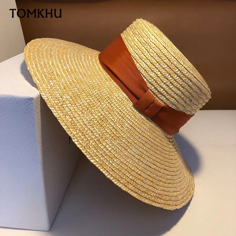 Wide Brim Boater Sun Hat Straw Hat Flat Women Summer Kentucky Derby Hat Orange Black Ribbon Tie Sun Hat Beach Casual Cap Handmad