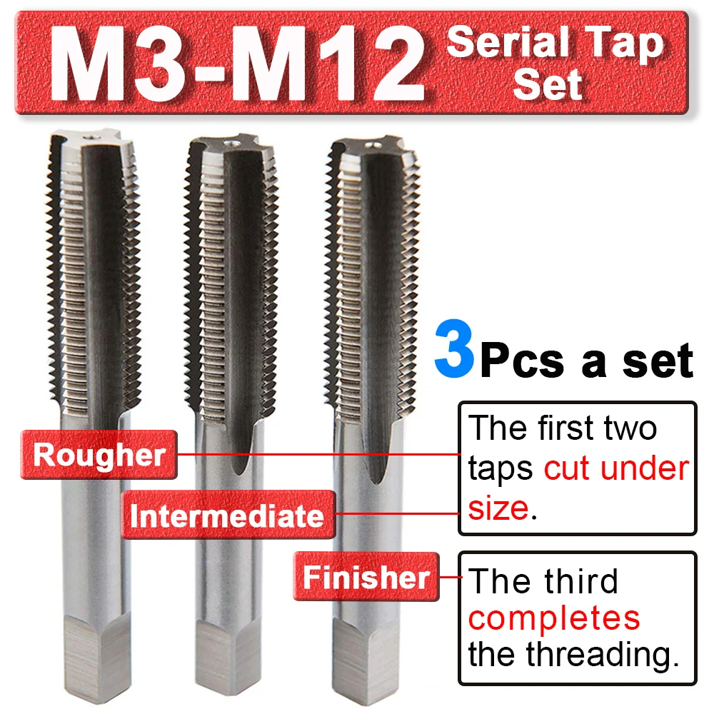 

3pcs HSS Metric Serial Tap Set M3 M4 M5 M6 M8 M10 M12 Right Hand Thread Cutter Machine Taps Drill Bits Hand Tool Set ferramentas