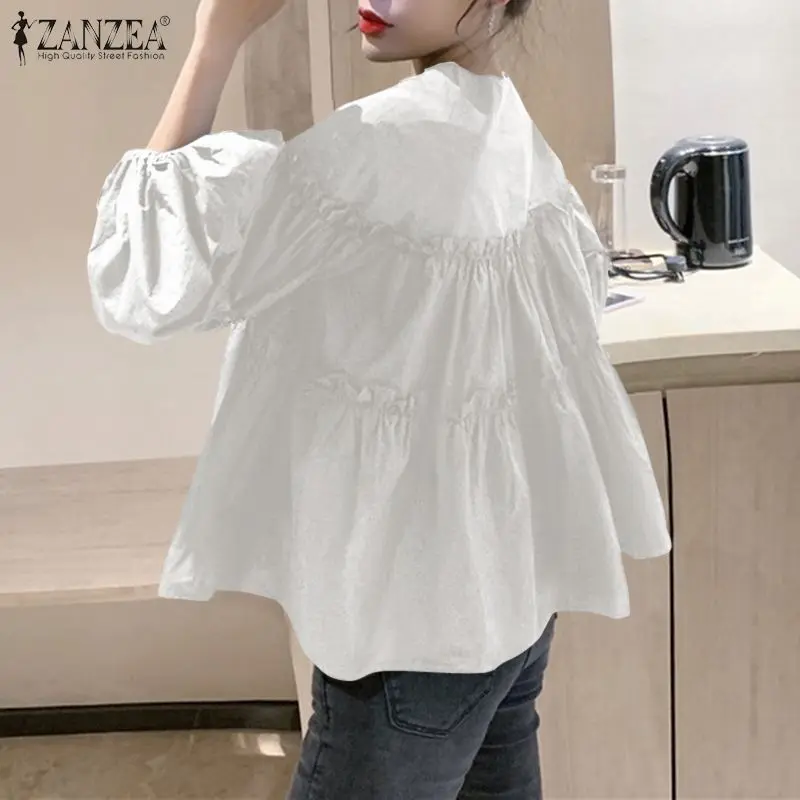 ZANZEA 2023 Casual Puff Sleeve Blusas Elegant Ruffle Tops Women's Spring Blouse Female Office Patchwork Chemise  Tunic