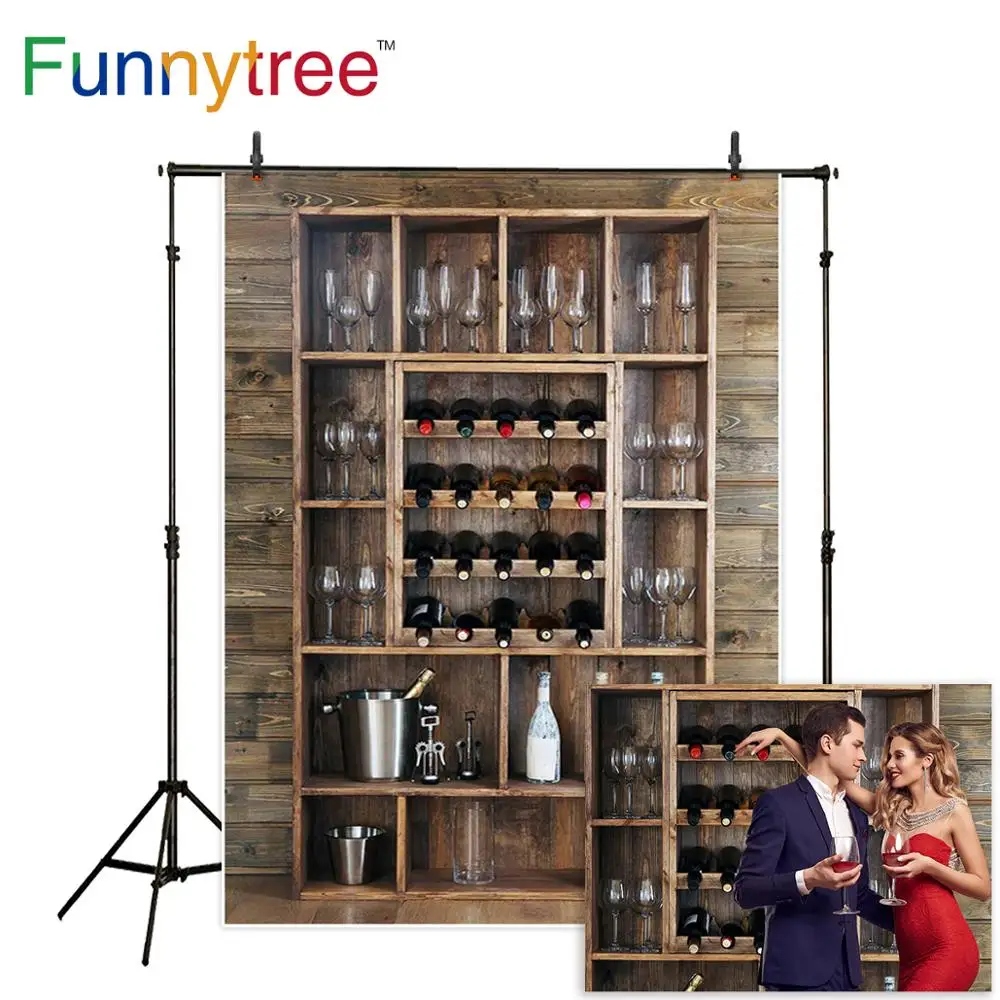 Funnytree photography backdrops Shelving wine bottles glasses wooden wall alcohol cellar bar beverage background fotografia