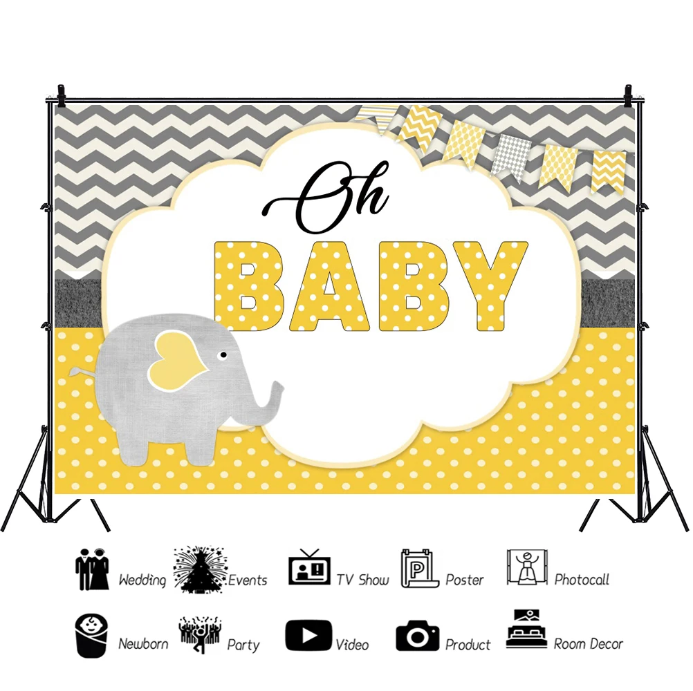 Laeacco การ์ตูนช้างเด็กวันเกิดพื้นหลังแบนเนอร์สีเหลือง Dot Polka ภาพที่กำหนดเองถ่ายภาพฉากหลัง