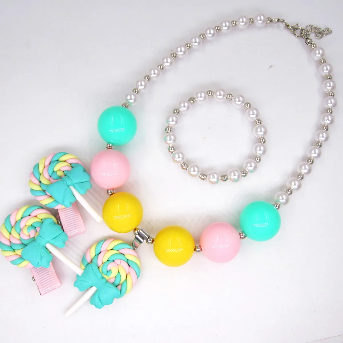 2023 Summer Baby Girls Cute Polymer Clay Bow Lollipop 8mm Pearl Bead Necklaces Bracelet Hairpin 3pcs/Set Birthday Gift For Kids