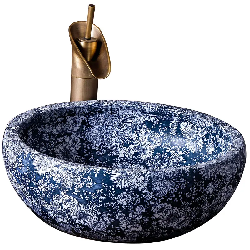 Blue white Europe style chinese wash basin vessel sinks Jingdezhen Art Counter Top ceramic basin sink round bowl wash basin