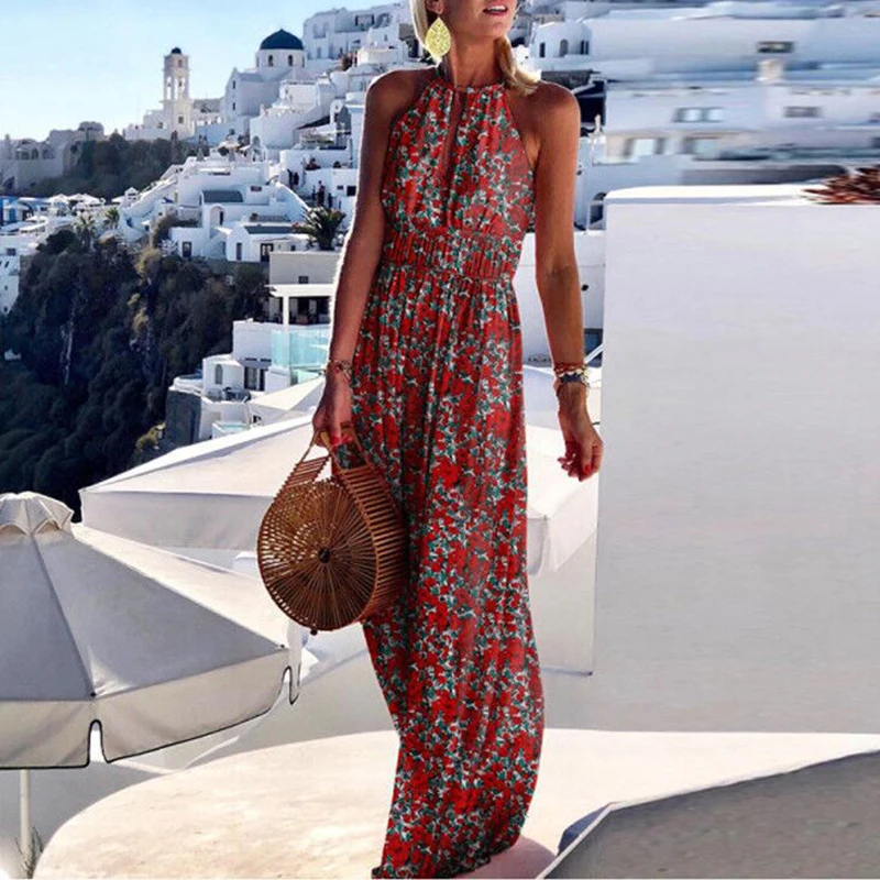 2021 Summer Boho Floral Print Long Party Dress Women Elegant Halter Sleeveless Maxi Dress Spring Backless Hollow Out Dresses 2XL