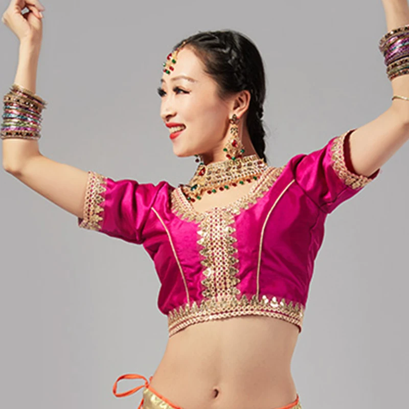 2022 New Indian Tops Short Sleeve Sequin Stage Performance Shirt Belly Dance Practice Clothing Bollywood Dance Clothes DQL6245