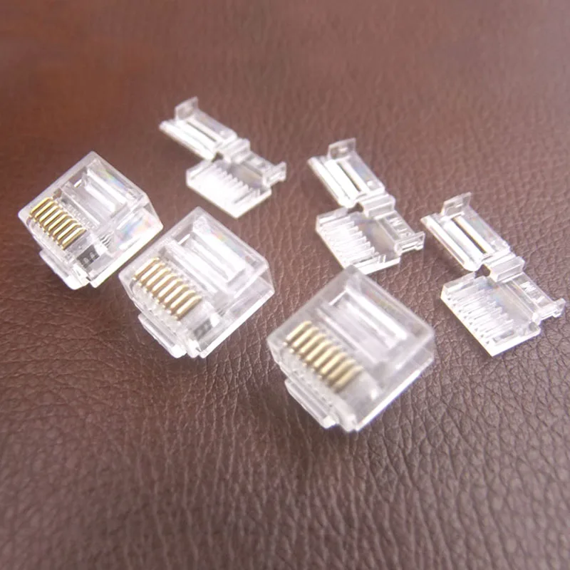 100pcs NEW Connector RJ45 8P8C Short body two style Six kind Crystal Head Trident gold plated ultra fine flat wire Wholesale