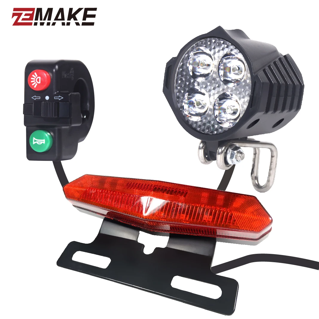 ZEMAKE Electric Bike Front and Ebike Rear Light Set Input 12V 24V 36V 48V 60V Built-in Speaker E-Bike Headlight And Tail Light