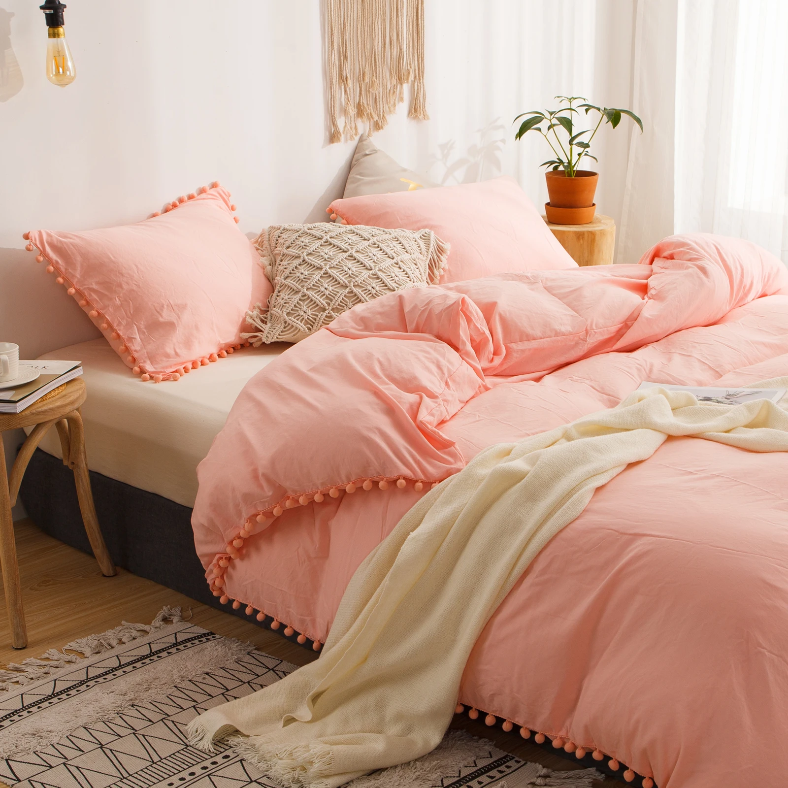 Pink Bedding Sets Light Pink Duvet Cover Set Pom Poms Shabby Chic Bed Set Soft Solid Color Bed Linen Home Textile No Comforter