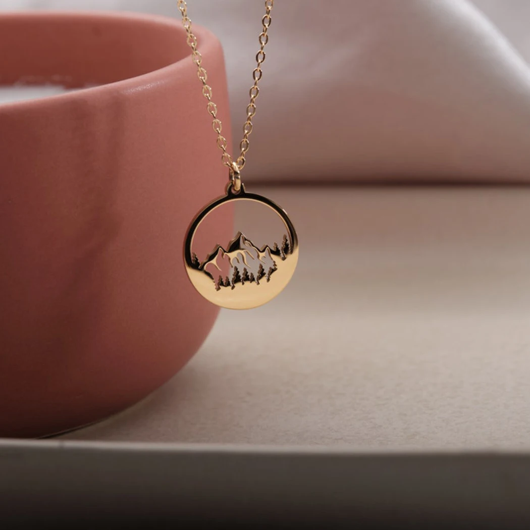 Mountain Necklace for Women Girls Gold Plated Hollow Mountain Charm Disc Pendant The Mountains Are Calling Wanderlust Jewelry