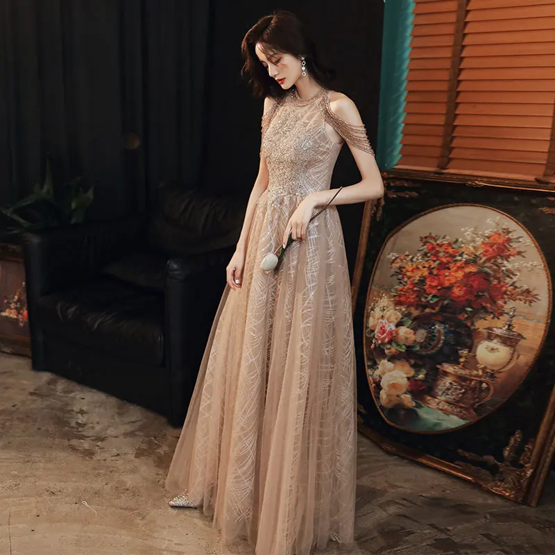 

Sexy Halter Prom Dresses Long 2020 A-line Floor-length Tulle Dresses Woman Party Night Sparkly Sequin Evening Gown With Beading