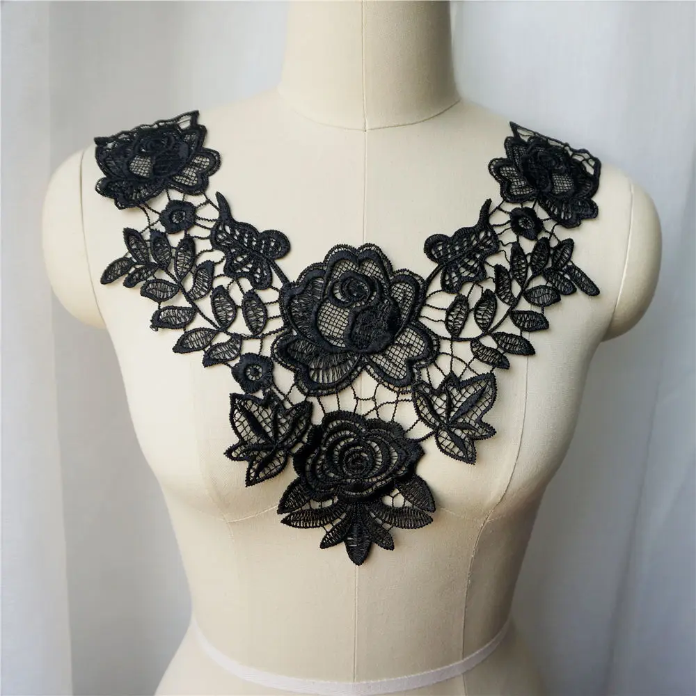 Bronze White Black Red Embroidered Gown Appliques Lace Fabric Trims Collar Mesh Sew On Patches For Wedding Decoration Dress DIY