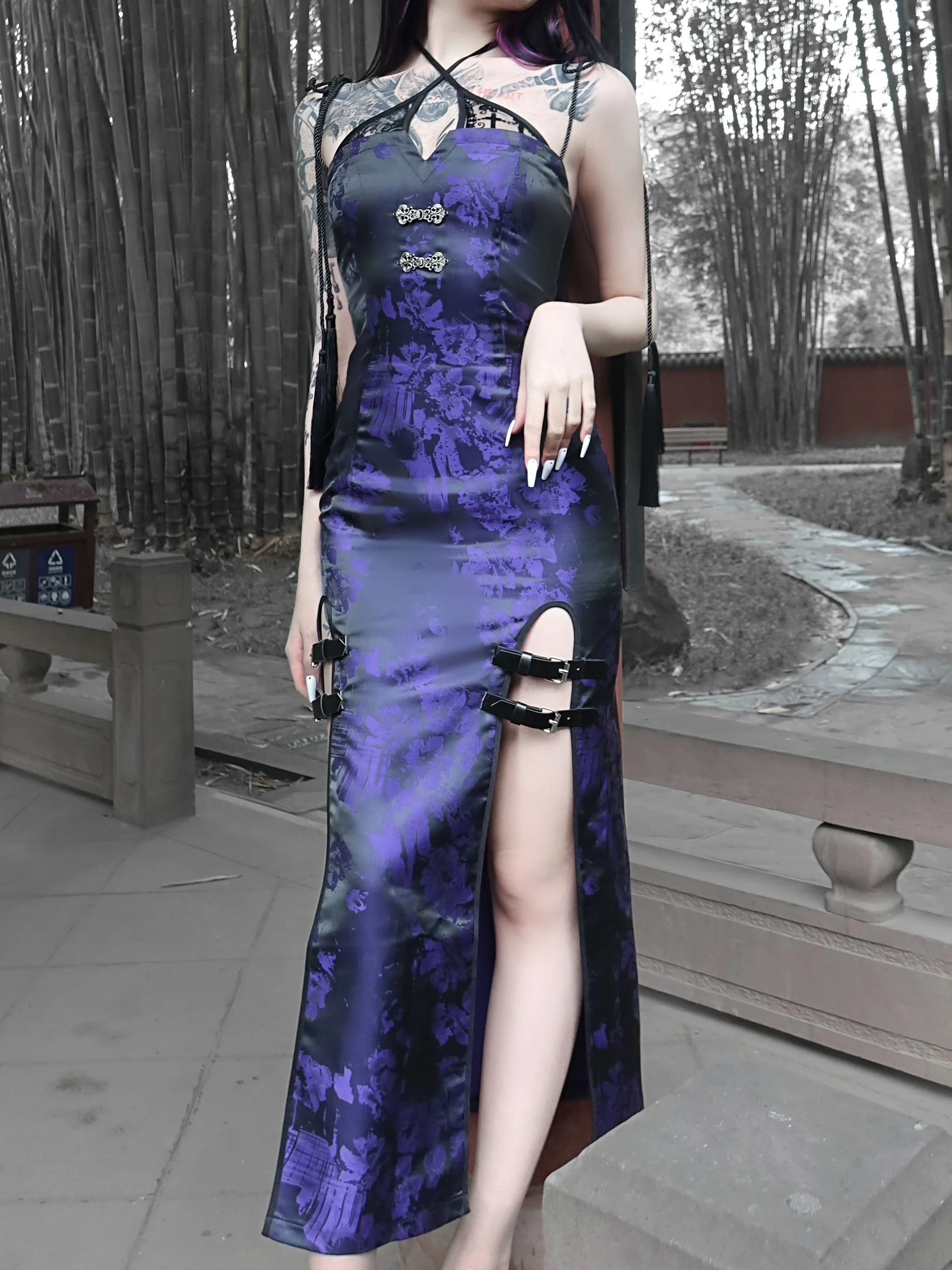 

Original Design Goth Chinese Tassels Leather Buckle Sheath Long Dress Summer Purple Punk Bodycon Sexy High Slit Strapless Dress