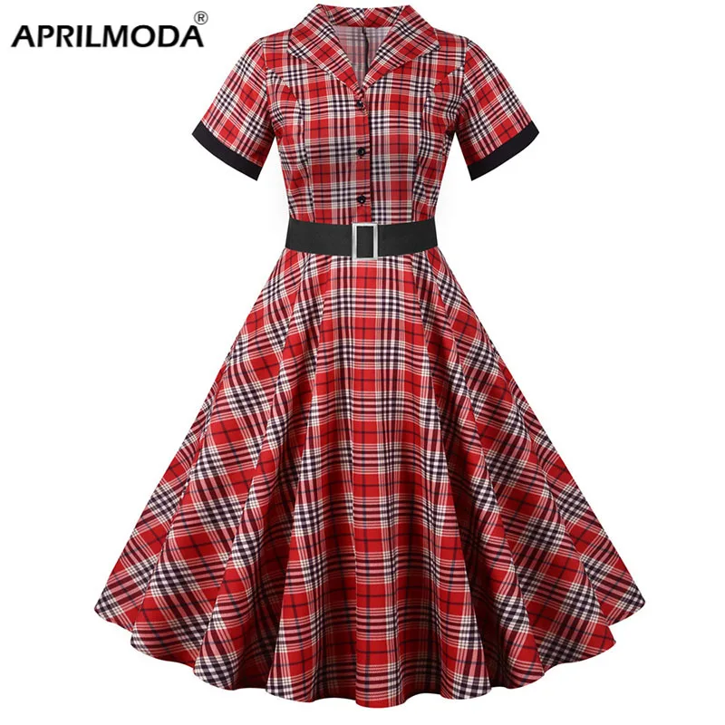 Notched Collar Plaid Print 50s Vintage Dress With Belt 2023 Summer Women Casual Slim Party Jurken Elegant Short Sleeve Clothing