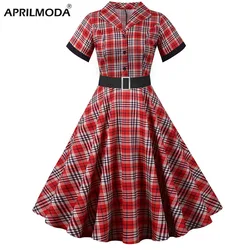 Notched Collar Plaid Print 50s Vintage Dress With Belt 2023 Summer Women Casual Slim Party Jurken Elegant Short Sleeve Clothing