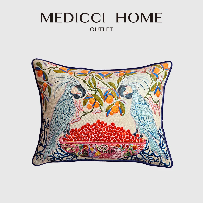 Medicci Home Mystical Animal Pillow Cover Ecxotic Pillowcase Retro Parrot Pattern Pillow Case Piped Cushion Cover Luxury Decor