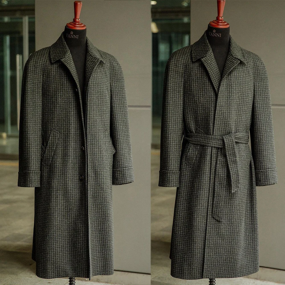 Latest Coat Design Men Suits Tailor-Made Houndstooth Cloth Party Prom Groom Tuxedo With Belt Long Overcoat