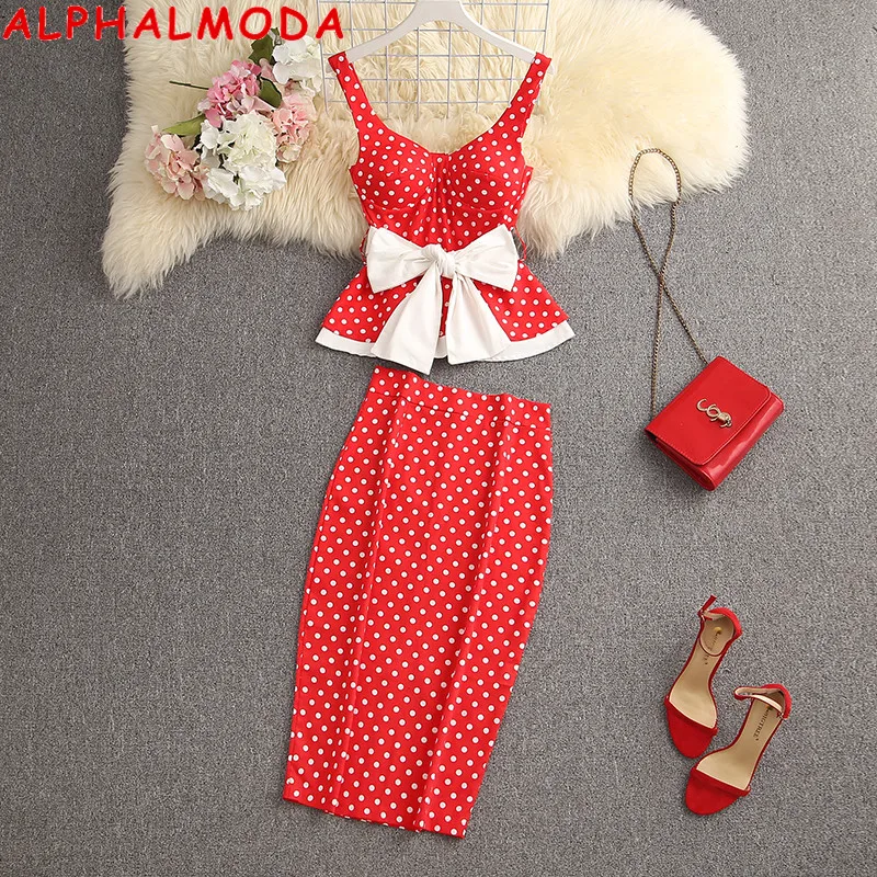 

ALPHALMODA 2021 Women's Ruffled Sweet Bow Sashes Slim Top + Back Slit Pencil Skirt 2pcs Fashion Suit