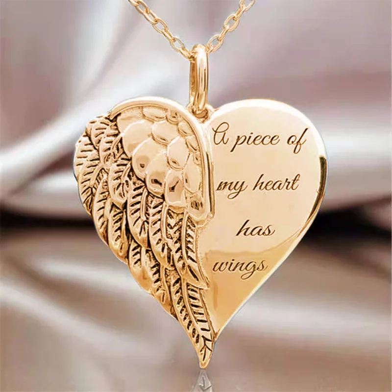 Hot Sale Women Necklace Letter A Piece Of My Heart Has Wings Gold Silver Alloy Love Heart Wings Pendant Feather Angel Necklaces