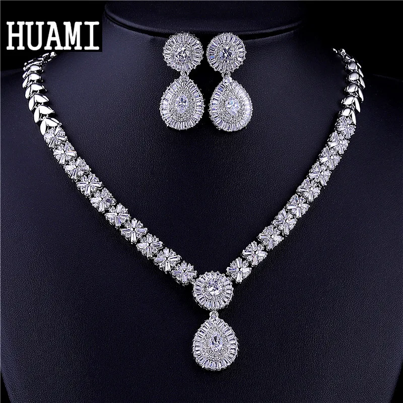 HUAMI Luxury 2pcs Bridal Jewelry Sets Wedding Banquet Silver Color Women Costume Accessories Drop Earrings and Necklace Sets