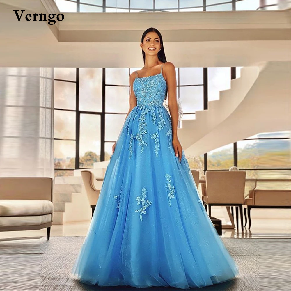 

Verngo A Line Sky Blue Lace Applique Glitter Long Prom Dresses Spagetti Straps Lace Applique Tulle Formal Evening Gowns 2021