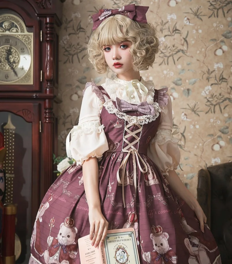 

Lolita dress vintage falbala bowknot cute printing high waist princess victorian dress kawaii girl gothic lolita cos loli