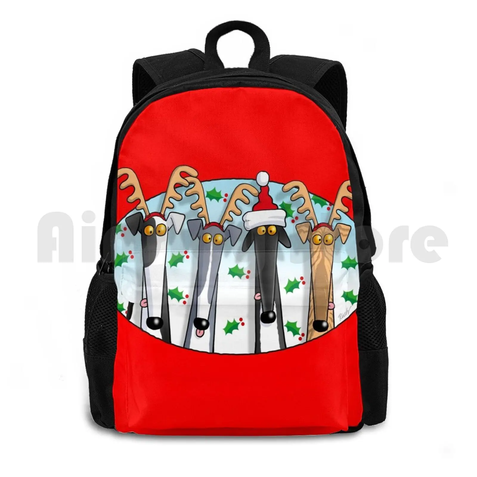 Greyhound Antlers ( Assorted ) Outdoor Hiking Backpack Waterproof Camping Travel Greyhound Christmas Cartoon Whippet Lurcher