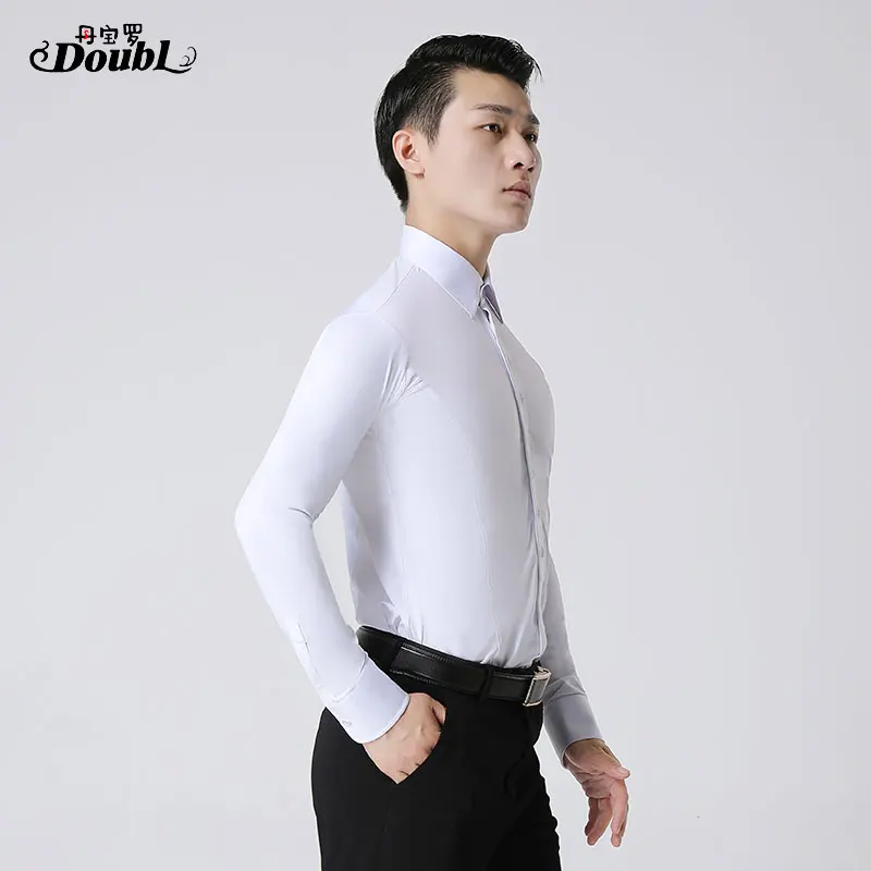 DOUBL Dance Men Latin Ballroom Shirt Male Workout Adult Ballroom Competition White BODY button Dance Stage Performance Clothes