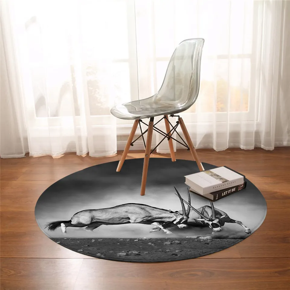 BeddingOutlet Animal Bedroom Floor Mat Antelope Round Carpet 3D Photography Area Rugs Black and White Living Room alfombra 150cm