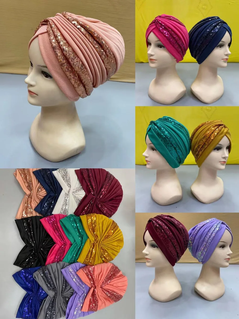 Nigeria ya Gele sombrero turbante con lentejuelas para las mujeres Gele africano Headtie brillante turbante cabeza tapas 12 unids/pack