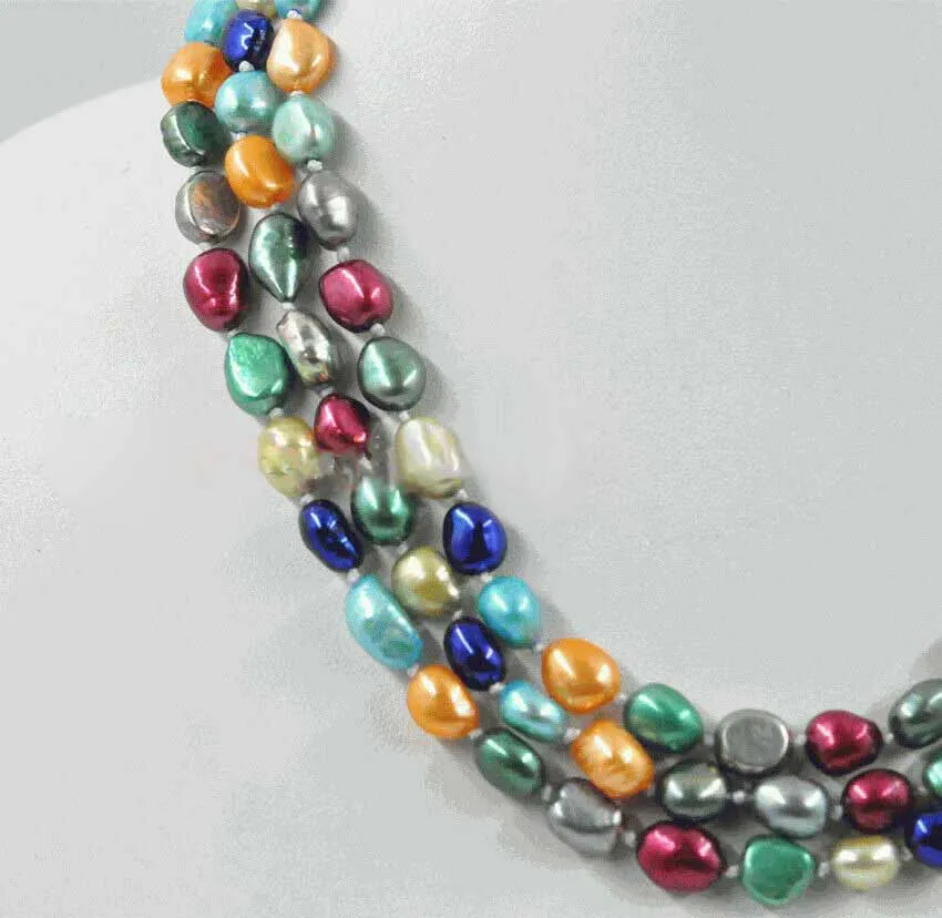 3 Row 7-8mm Multicolor Freshwater Cultured Pearl Necklace 18-20'' Shell Clasp AA