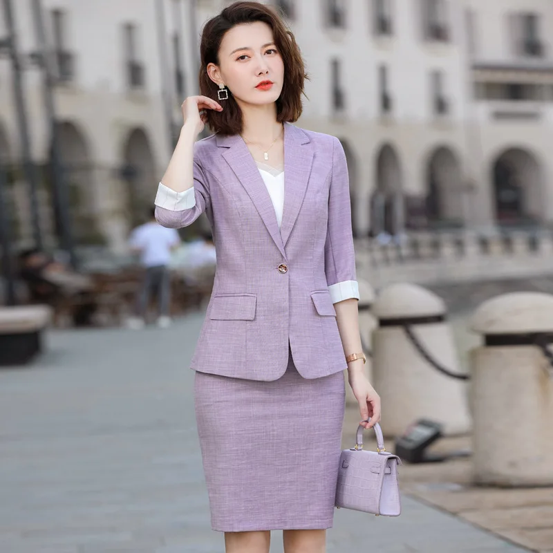 IZICFLY Summer New Style Business Suit Women Uniform Elegant Lady Half Purple Work Wear 2 Piece Set Blazer And Skirt