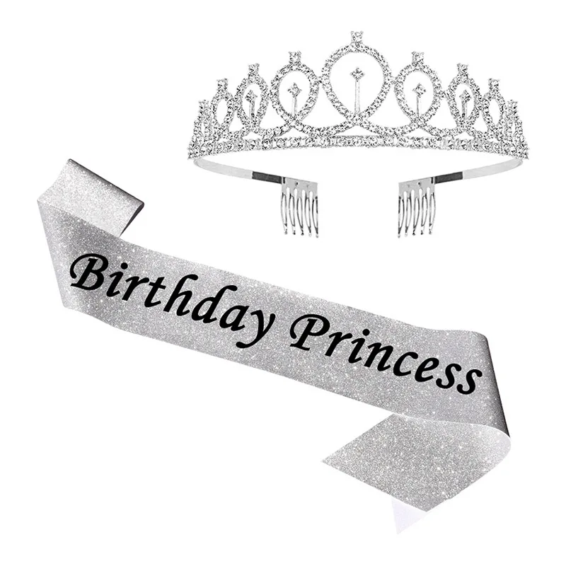 

Silver Crown and Sash for Birthday Women Girl Birthday Princess Glitter Sashes+Gold Crystal Tiara Birthday Party Decor Supplies