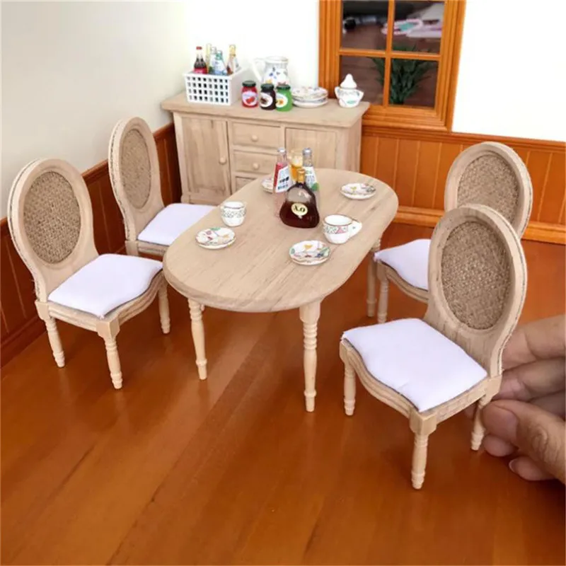 Mesa y silla de comedor completa para casa de muñecas, muebles en miniatura, comedor de madera, juego de simulación, 1/12