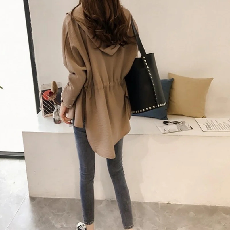 

Loose Autumn Hooded Windbreakers Women Boyfriend Style Casual Long Sleeve Jacket New Solid Color Office Lady Outerwear