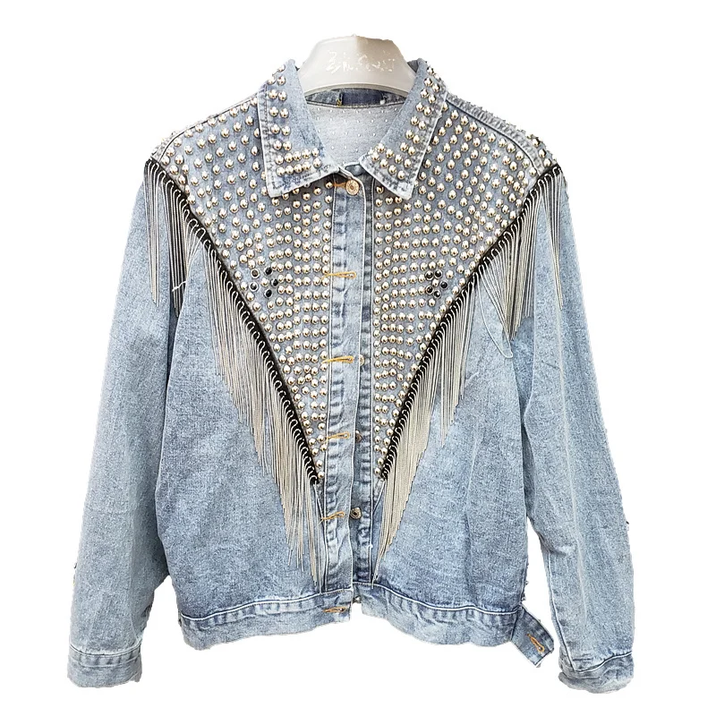 

Autumn Fashion Rivet Tassel Denim Jackets Women Korean Fashion Loose Short Student Outerwear Black Blue Jeans Jacket Coat Female