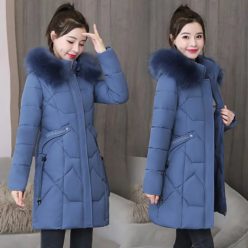 2022 Winter Women Jackets Padded Coats Fur Collar Medium Long Hooded Parkas Feminina Down Cotton Jacket Ladies Jacket 4XL 586