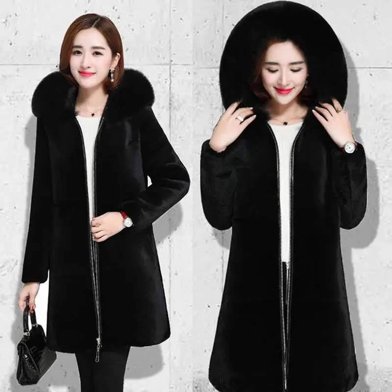 2024 New Winter Faux Fur Jacket Black Hooded Parkas Coat Thicken Ladies Warm Long Overcoat 5XL Windproof Snow Outerwear Female