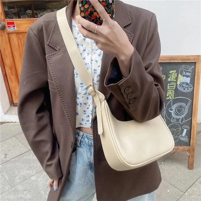 Vintage Underarm Shoulder Bags for Women Simple Style Female Bag Purse Solid Color PU Leather Armpit Handbag Crossbody