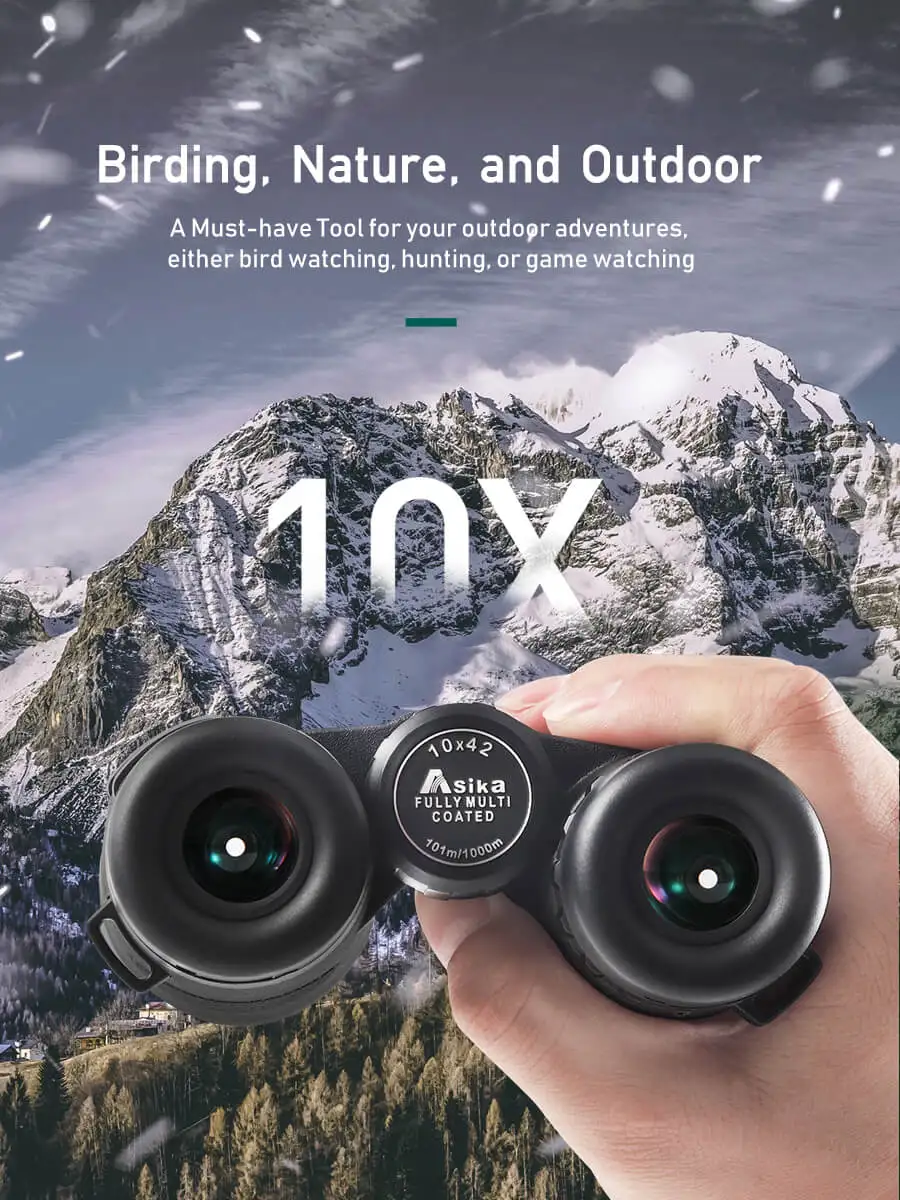 Asika 10x42 HD Binoculars Wide Angle Professional Binocular High Power Telescope Bak4 Prism Optics for Outdoor Camping Hunting