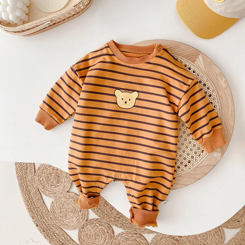 Autumn Baby Rompers Cartoon Bear Striped Jumpsuit Clothes Outfit