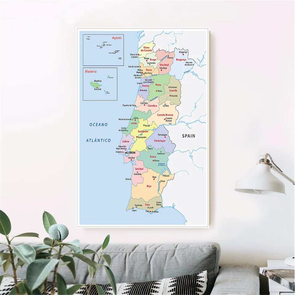 Póster de pared de Portugal para decoración del hogar, lienzo no tejido, suministros escolares, mapa politico portugués, 100x150cm