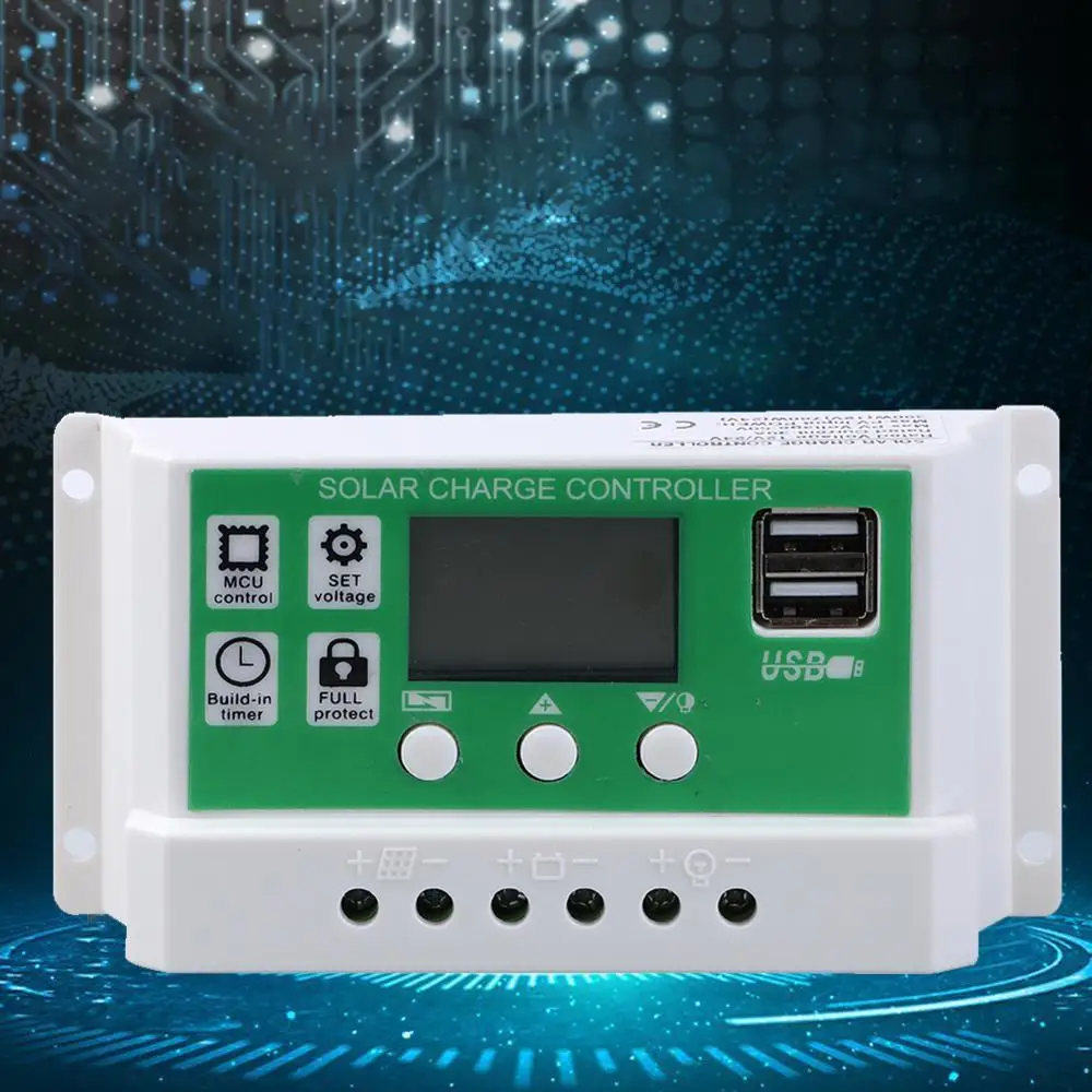 Controlador de carga solar 10a/20a/30a 12v 24v, controle de luz, bateria de lítio, display lcd pwm r, carregador de painel solar usb duplo, novo