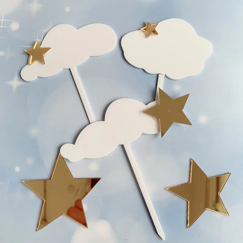 New Little Star Dream Acrylic Cake Topper Gold Moon Birthday Cupcake Toppers Flags for Baby Birthday Party Cake Decorations