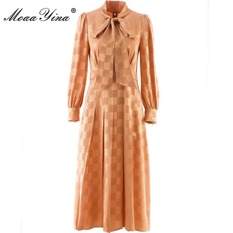 

MoaaYina Fashion Designer dress Spring Women Dress Long Sleeve A Row Of Buttons Checkered Camel Vintage Party Ankle-Length Dress