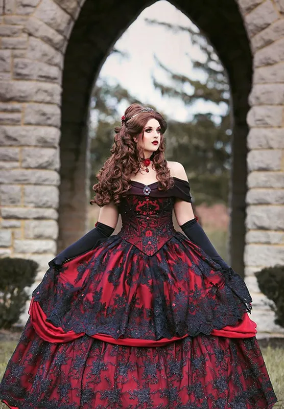 Vestidos de novia rojos y negros vintage 2025, apliques de encaje de talla grande con cordones en la espalda, corsé, Top gótico, vestidos de novia de Bella Durmiente