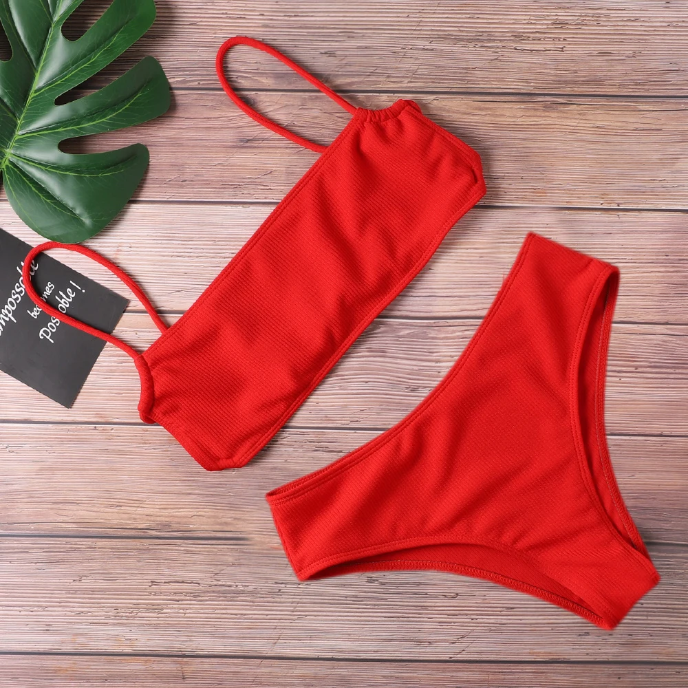 Conjunto de Bikini con realce para mujer, traje de baño Sexy con Tanga, Color puro, ropa de playa para verano