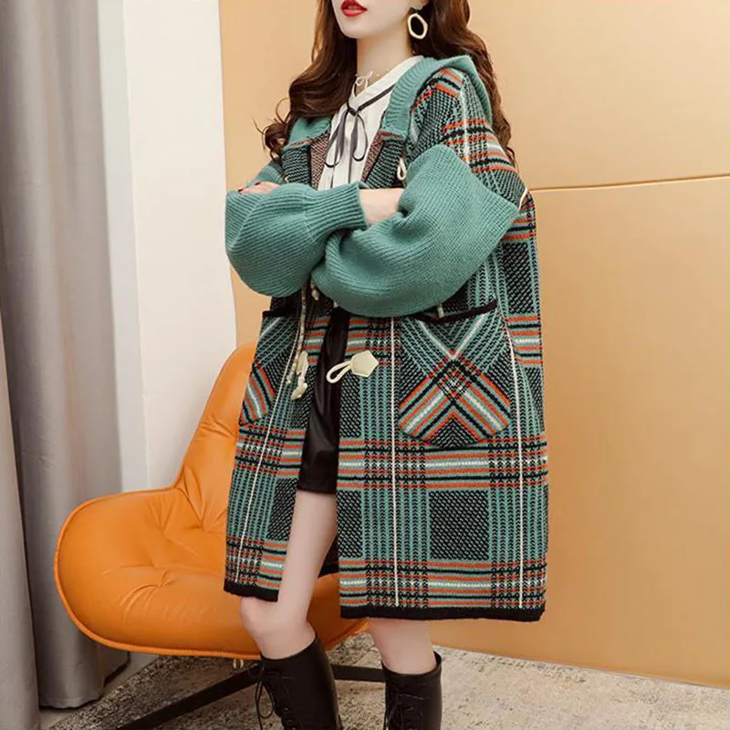 Women Sweater And Cardigan New Female Spring Autumn Retro lattice Knitting Cardigan Ladies Fashion Sweater Top B image 3