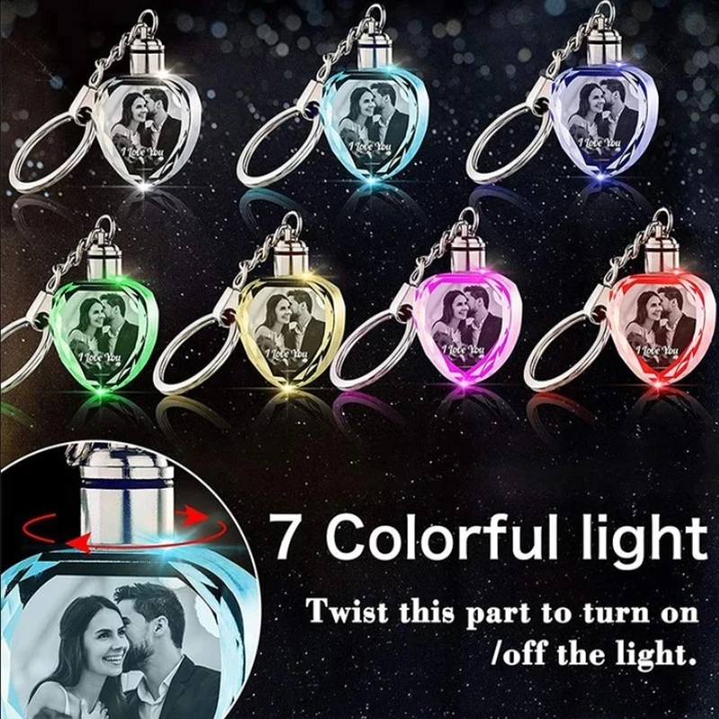 Diy 3D Colorful Personalized Heart Crystal Key Chain Photo LED Light Keychain Luminated Keyring Glass Baby Memorial Lover Gifts